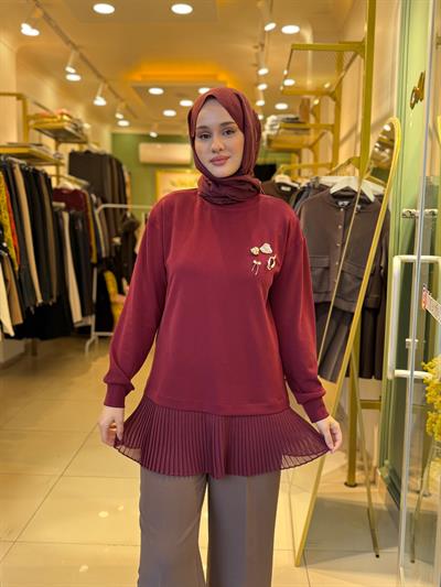 Tığ Triko Plise Detaylı Aksesuarlı Tunik 4012 Bordo