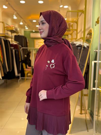 Tığ Triko Plise Detaylı Aksesuarlı Tunik 4012 Bordo