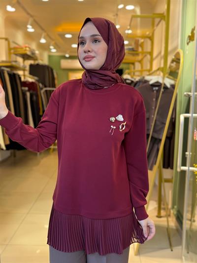 Tığ Triko Plise Detaylı Aksesuarlı Tunik 4012 Bordo