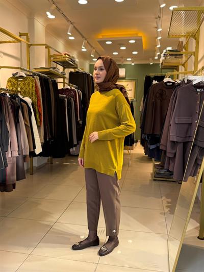 Tığ Triko Taş Baskılı Rayon Tunik 21717 Asit Yeşili