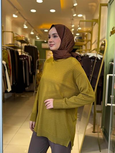 Tığ Triko Taş Baskılı Rayon Tunik 21717 Asit Yeşili