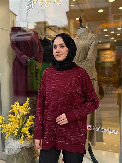 Tığ Triko Taş Baskılı Rayon Tunik 21717 Bordo