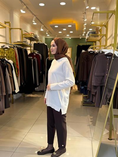 Tığ Triko Taş Baskılı Rayon Tunik 21717 Ekru