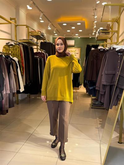 Tığ Triko Taş Baskılı Rayon Tunik 21717 Asit Yeşili