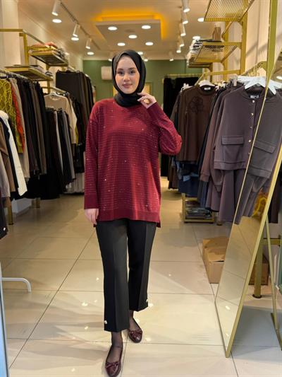 Tığ Triko Taş Baskılı Rayon Tunik 21717 Bordo