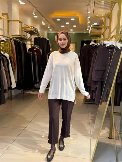 Tığ Triko Taş Baskılı Rayon Tunik 21717 Ekru