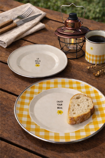 Picnic Emaye Tabak Sarı Ekose 25 cm