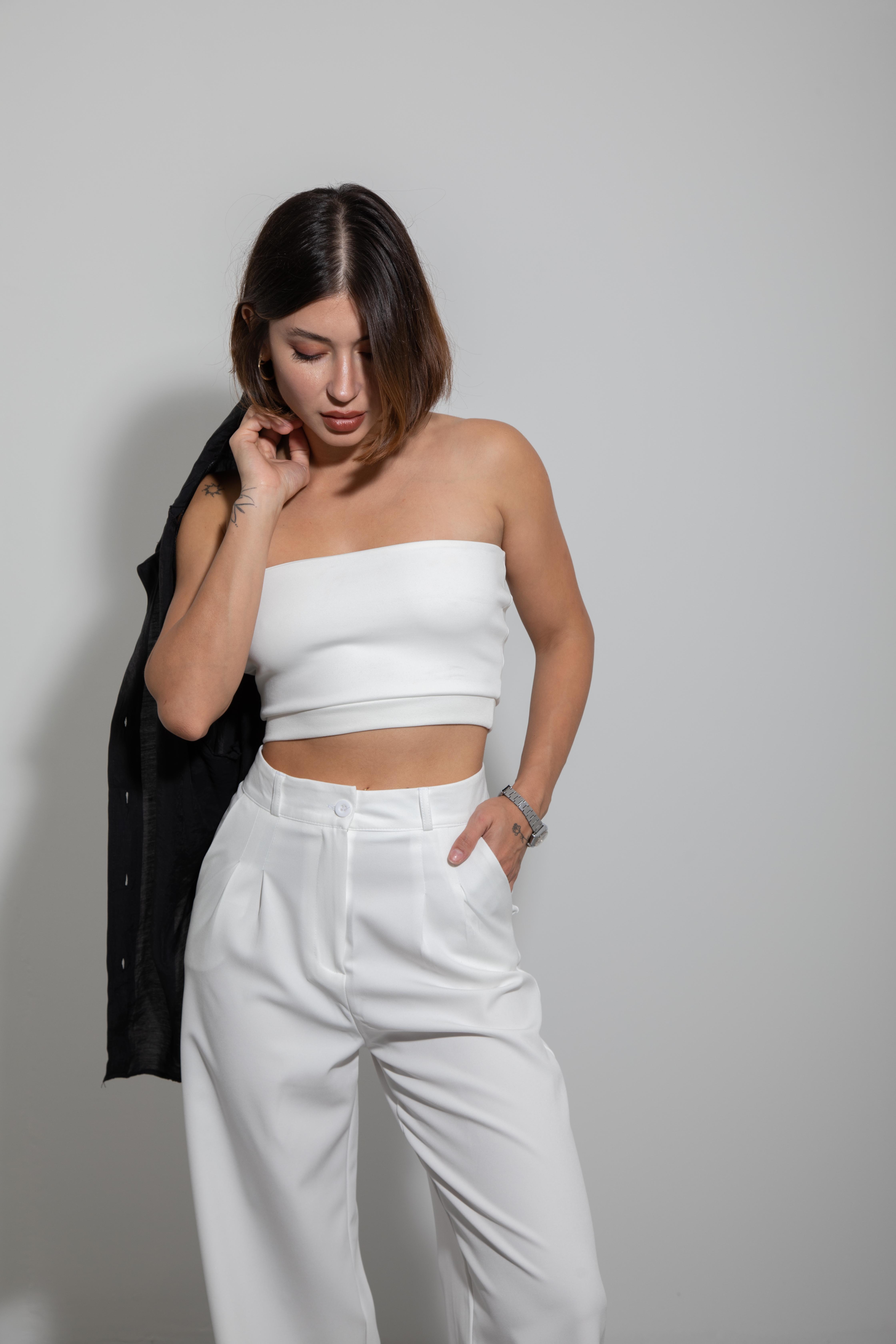 Çift Kat Straplez Crop Top