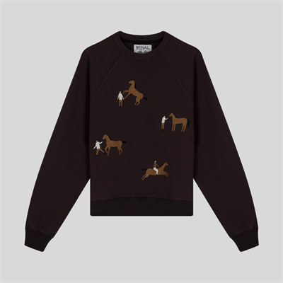 Güvenin Dansı Nakışlı Bisiklet Yaka Reylan Kol Kahverengi Sweatshirt 