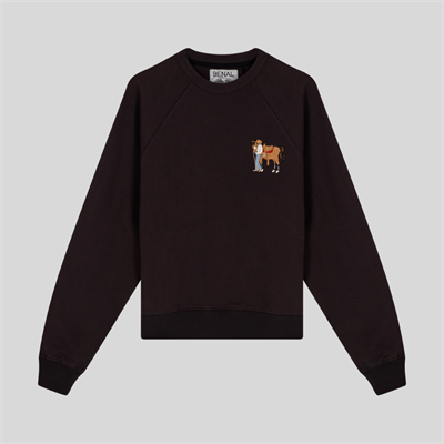 Sessiz Bağ Nakışlı Bisiklet Yaka Reylan Kol Kahverengi Sweatshirt