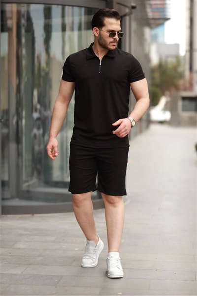Erkek Yakalı Fermuarlı T-shirt Şort Ikili Takım