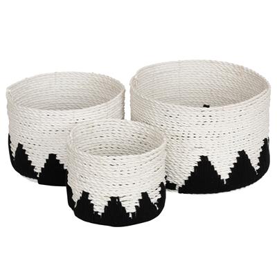Hasır sepet 3 lü Beyaz Siyah Makrame Desenli Y.17 cm Ç.25cm