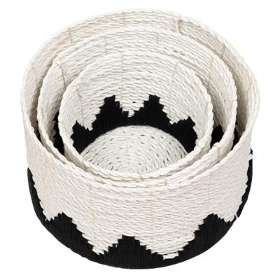 Hasır sepet 3 lü Beyaz Siyah Makrame Desenli Y.17 cm Ç.25cm
