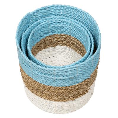 Hasır Sepet 3 lü Naturel Beyaz Turkuaz H 22 cm