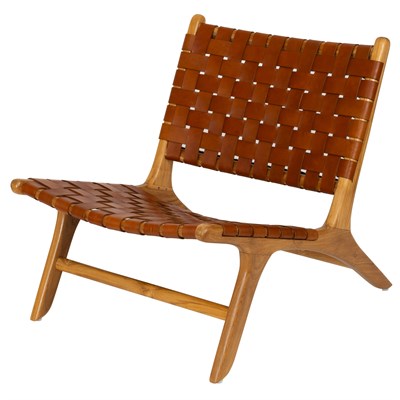 Koyu Kahverengi Hakiki Deri Oturumlu Teak Lounge Sandalye