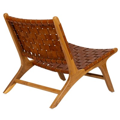 Koyu Kahverengi Hakiki Deri Oturumlu Teak Lounge Sandalye