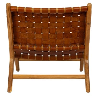 Koyu Kahverengi Hakiki Deri Oturumlu Teak Lounge Sandalye