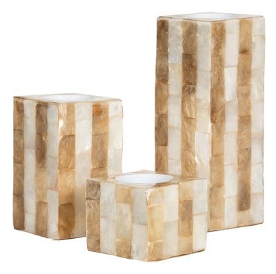 Sedefli 3lü TeaLight Kare Mumluk Deniz Kabuğu Kaplama 6-10-16 cm