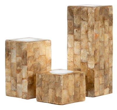 Sedefli 3lü TeaLight Kare Mumluk Deniz Kabuğu Kaplama 6-10-16 cm
