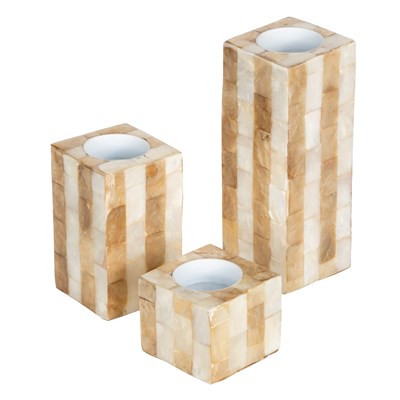 Sedefli 3lü TeaLight Kare Mumluk Deniz Kabuğu Kaplama 6-10-16 cm