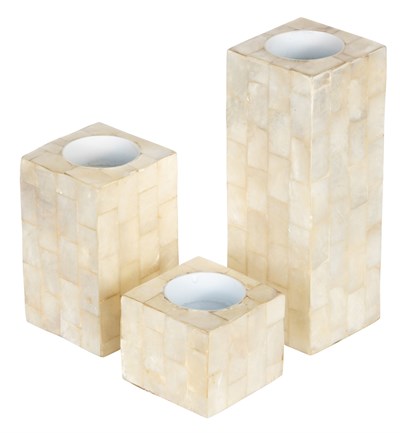 Sedefli 3lü TeaLight Kare Mumluk Deniz Kabuğu Kaplama 6-10-16 cm