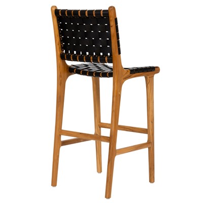 Siyah Örgü Hakiki Deri Oturumlu Naturel Renk Teak Bistro Sandalye Y.65 cm