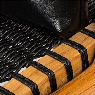 Siyah Hakiki Deri Sırtlıklı Siyah Sentetik Rattan İp Oturumlu Kolçaklı Teak  Sandalye