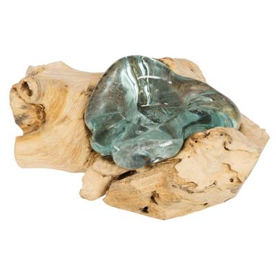 Teak Ağacı Üzerinde Cam Üfleme Tekli Tealight Mumluk