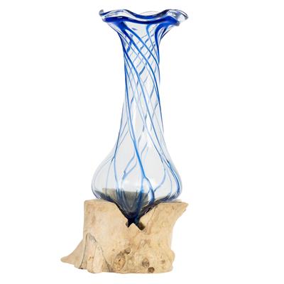 Teak Ağacı Üzerine Cam Üfleme Uzun Geniş Ağızlı Mavi Çizgili Vazo