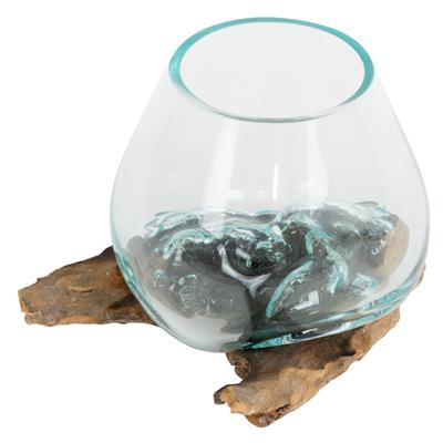 Teak Ağacı Üzerinde Cam Üfleme Damla Formlu Vazo