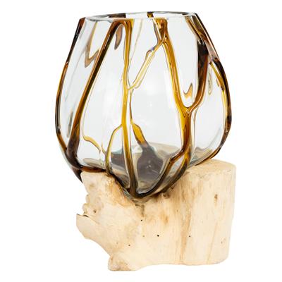 Teak Ağacı Üzerinde Cam Üfleme Damla Formlu Amber Çizgili Vazo