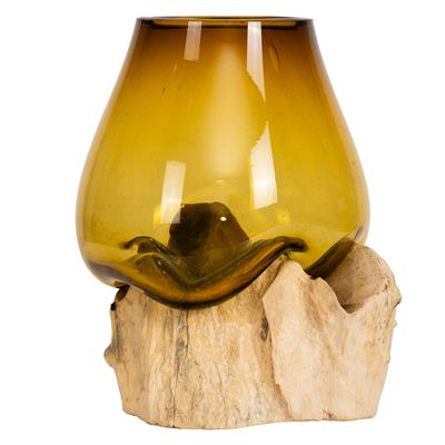 Teak Ağacı Üzerinde Cam Üfleme Damla Formlu Amber Vazo