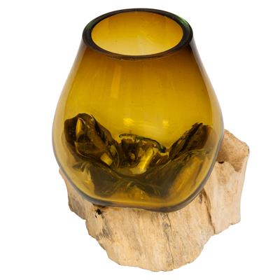 Teak Ağacı Üzerinde Cam Üfleme Damla Formlu Amber Vazo
