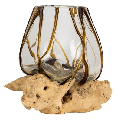 Vazo Ahşaba Cam Üfleme Damla 15 cm Amber Çizgili