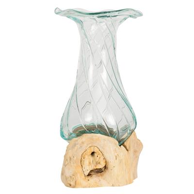 Teak Ağacı Üzerinde Cam Üfleme Desenli Geniş Ağızlı Vazo