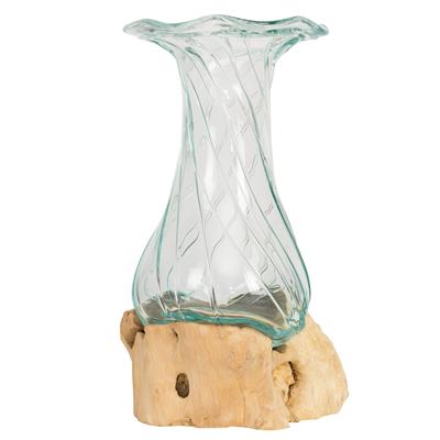 Teak Ağacı Üzerinde Cam Üfleme Desenli Geniş Ağızlı Vazo