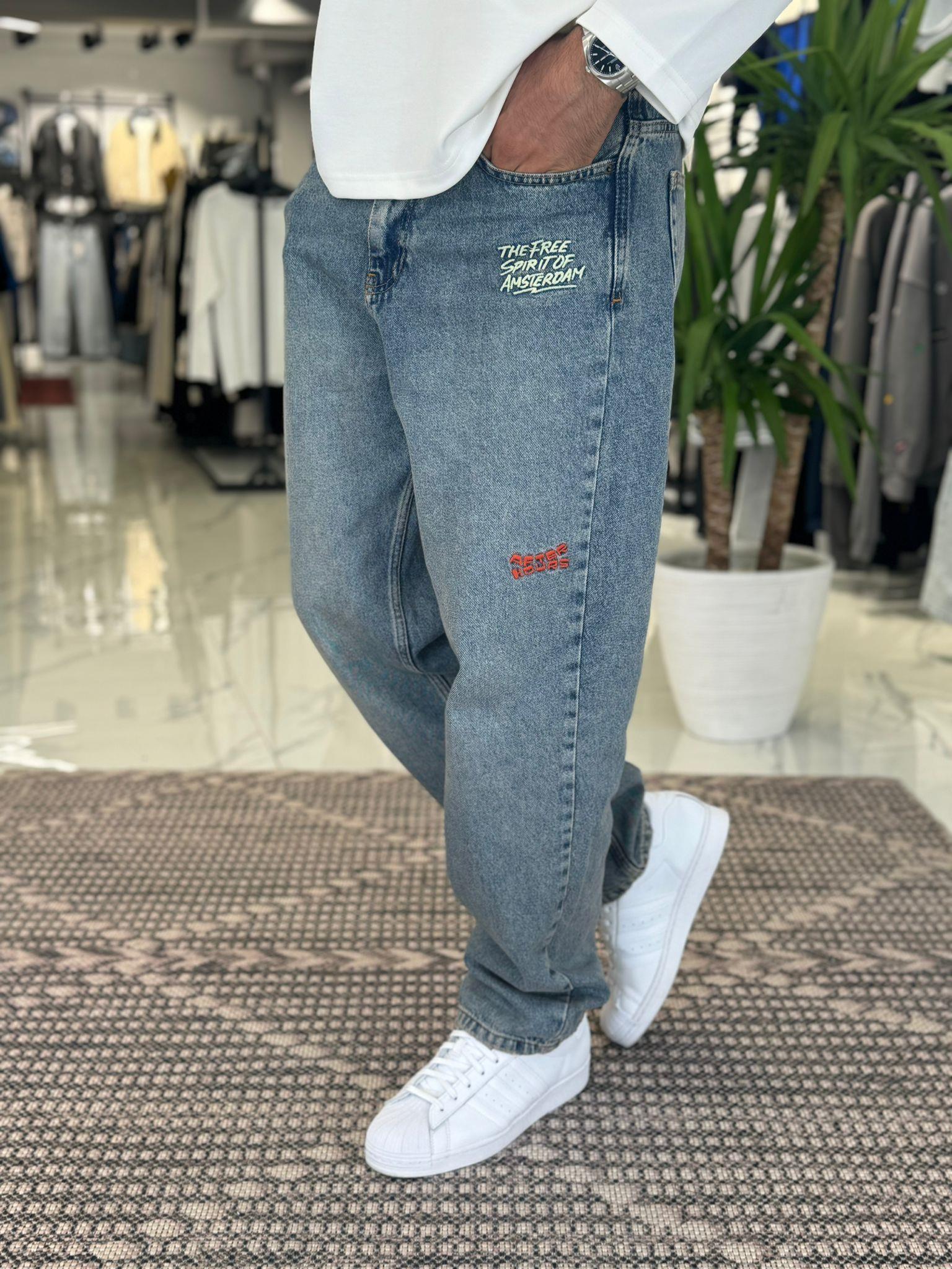 Baggy Kalıp Nakış Desenli Pantolon Mavi