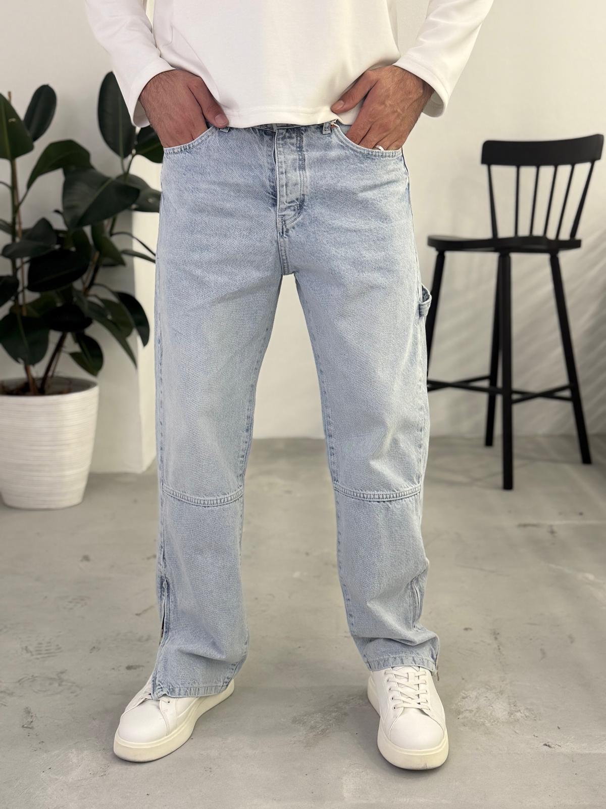 Baggy Kalıp Paça Fermuarlı Özel Tasarım Pantolon Buz Mavisi
