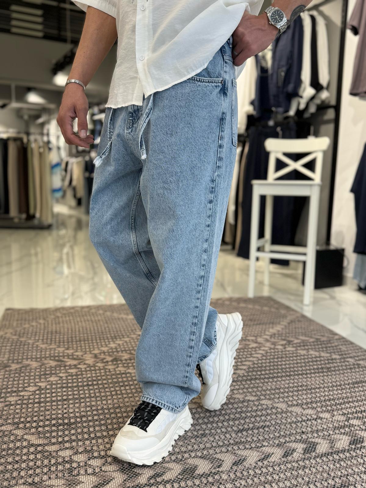 Bel Kemerli Baggy Kalıp Pantolon Mavi
