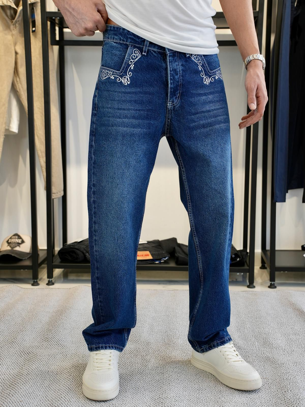 Cep Nakış Detaylı Baggy Pantolon Mavi
