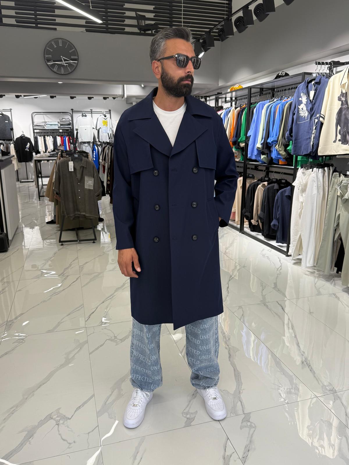 Çift Düğmeli Oversize Kalıp Trençkot Lacivert