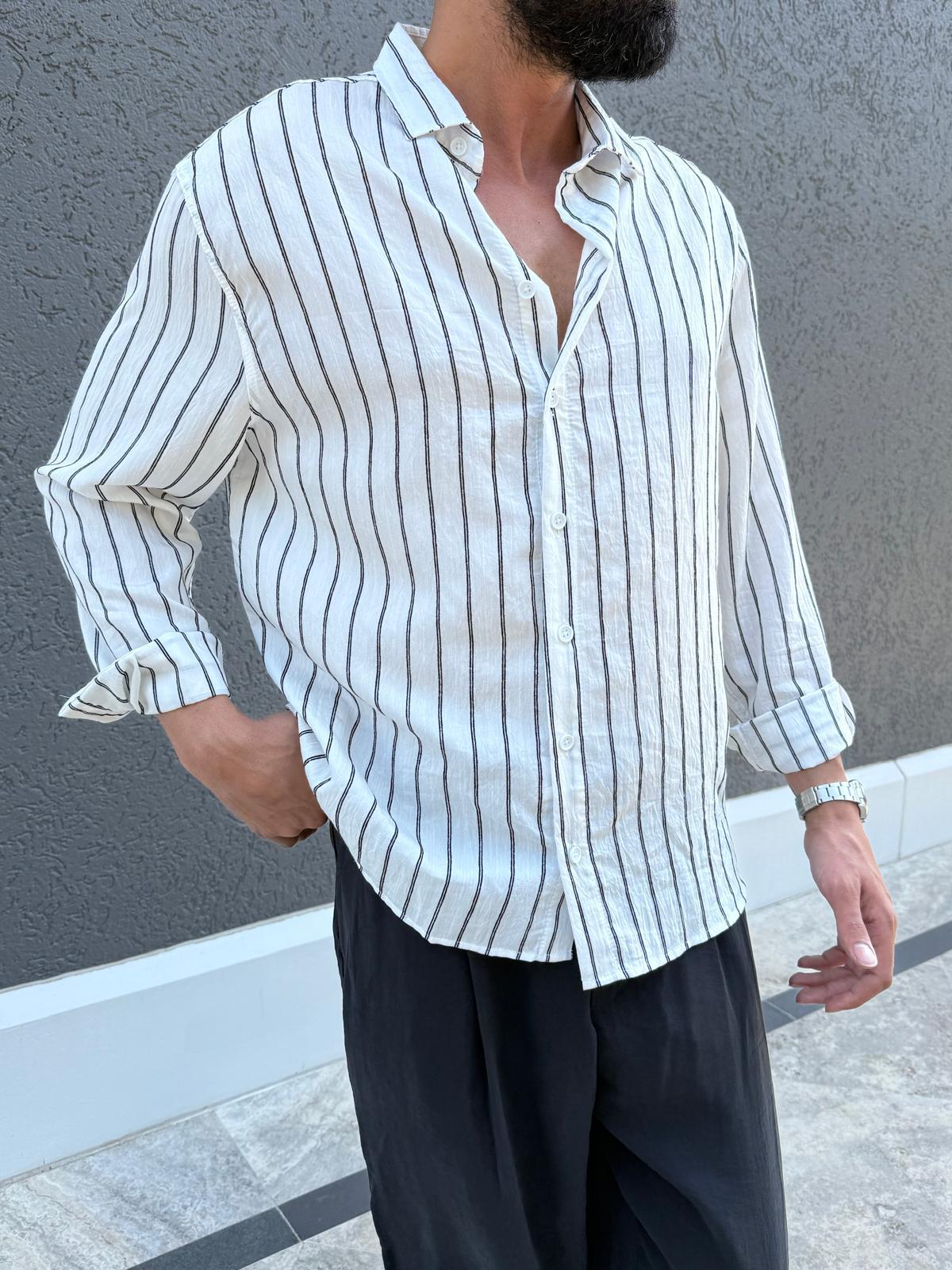 Çizgi Detaylı Oversize Kalıp Gömlek Beyaz