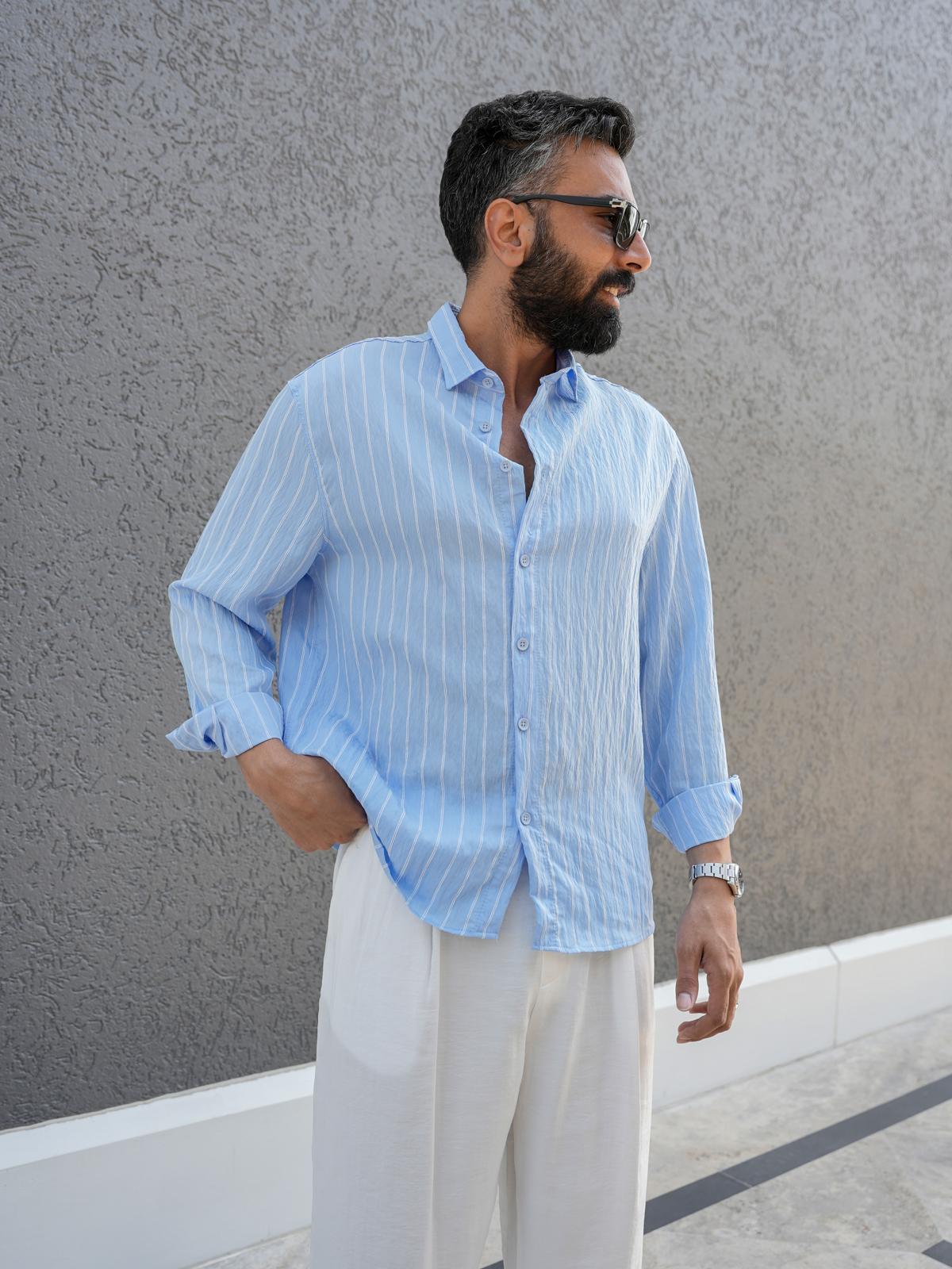 Çizgi Detaylı Oversize Kalıp Gömlek Mavi