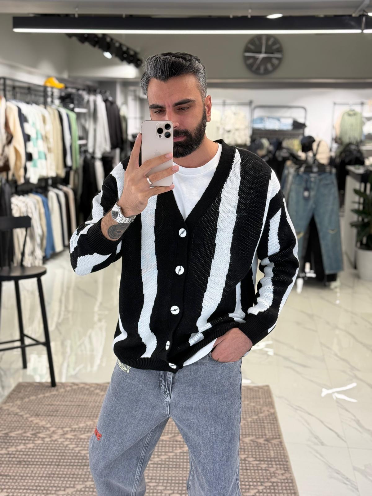 Çizgili Örme Triko Hırka Siyah
