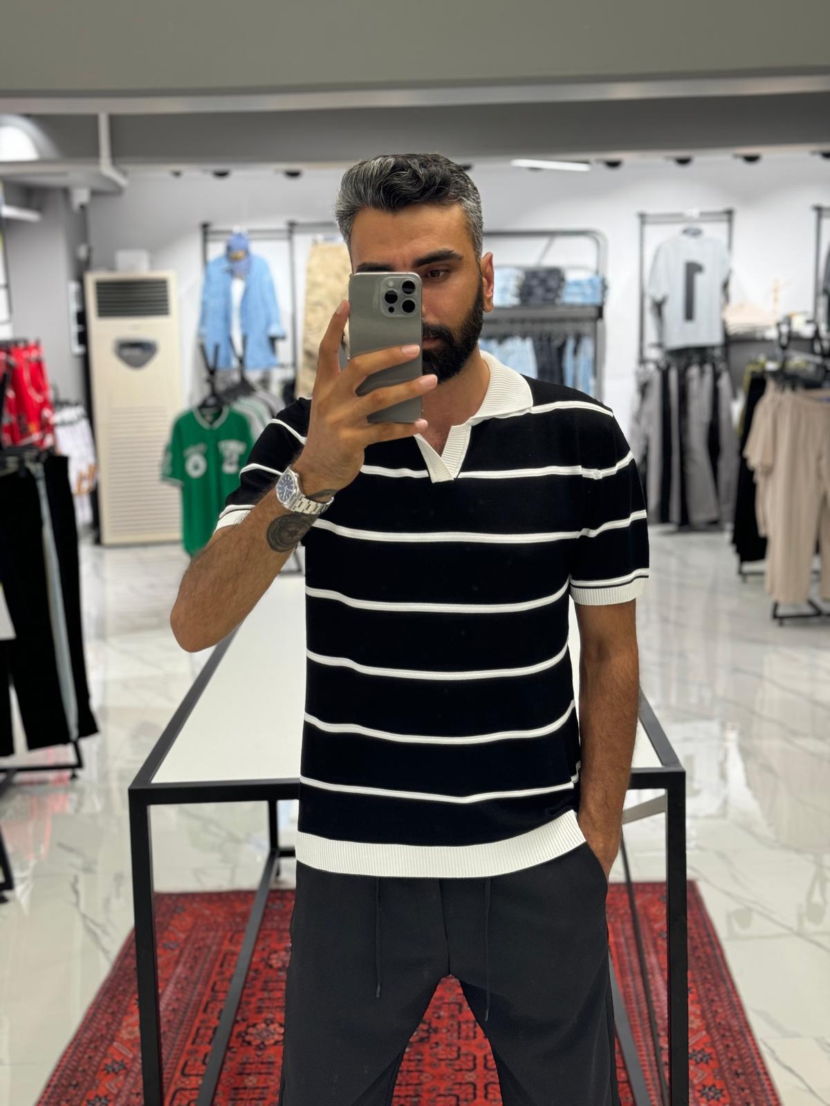 Çizgili Polo Yaka Pamuk Kumaş Siyah