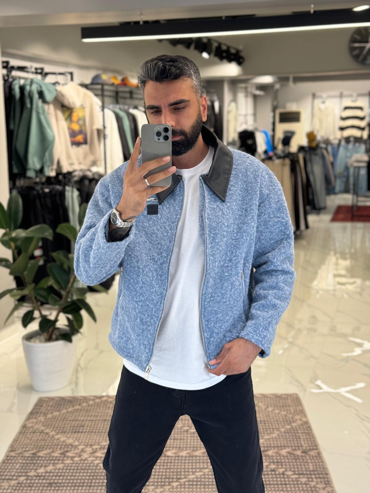 Deri Yaka Kaşe Ceket Mavi