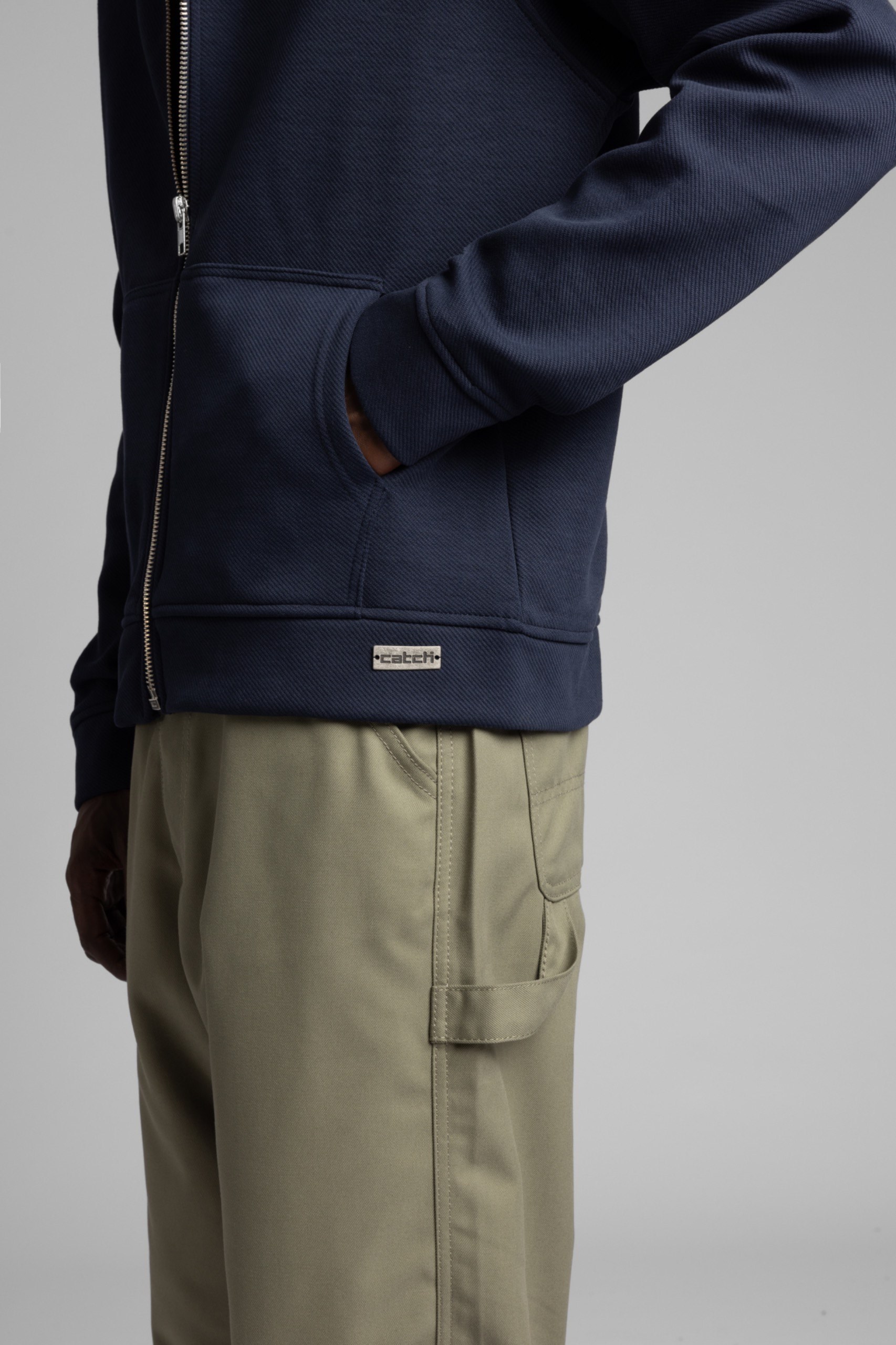 Diyagonal Dokulu Fermuarlı Kapüşonlu Sweatshirt Lacivert