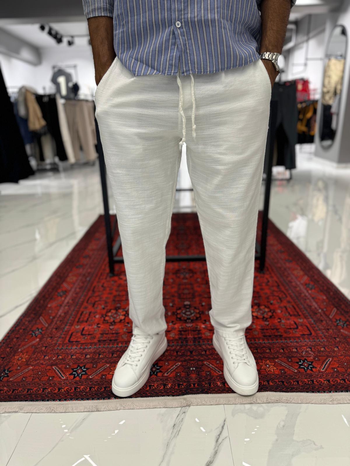 Duble Paça Keten Pantolon Beyaz