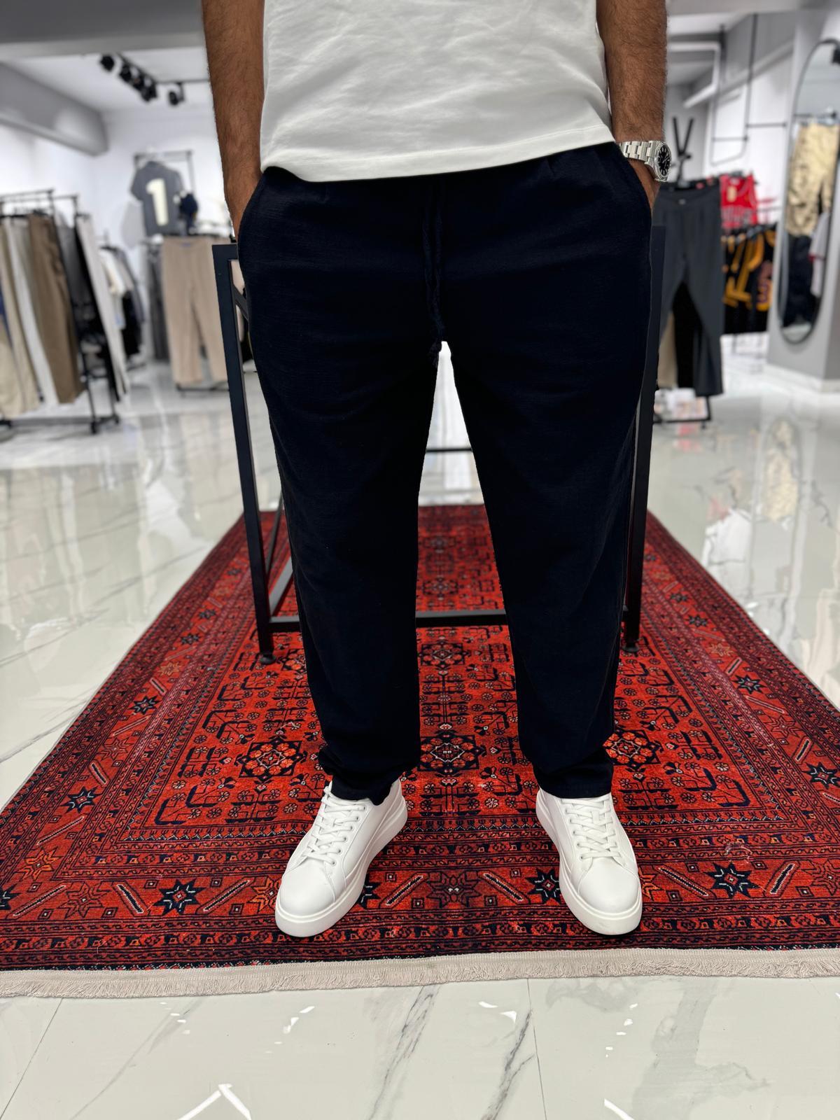 Duble Paça Keten Pantolon Siyah
