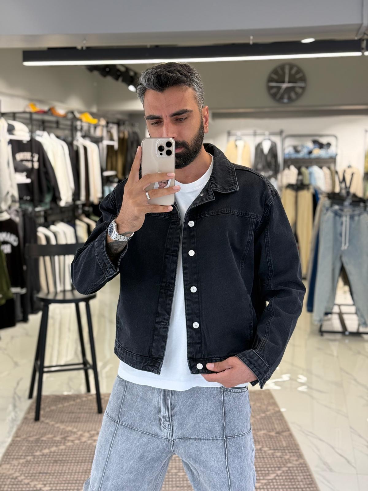 Düğmeli Denim Kot Ceket Siyah